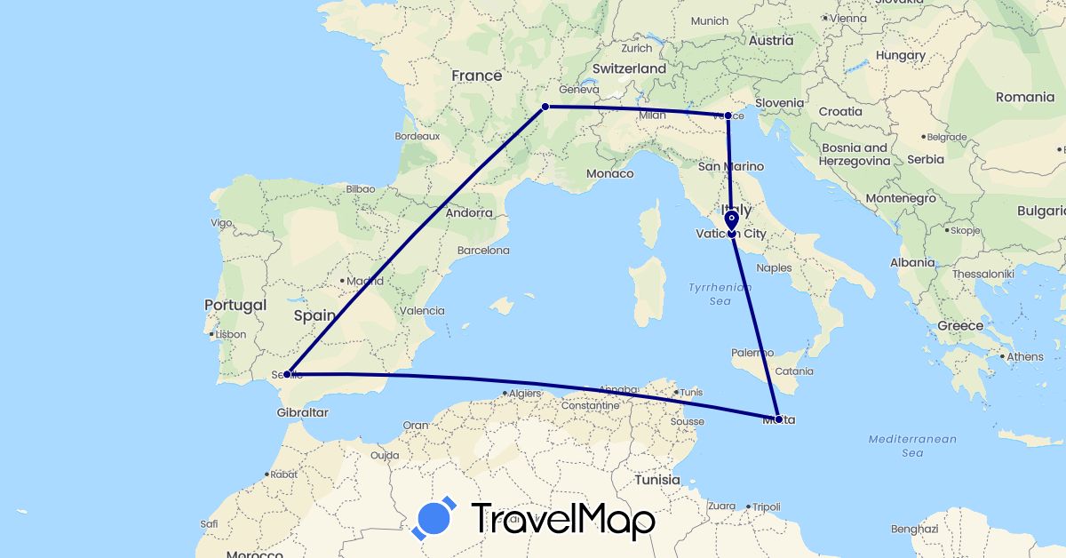 TravelMap itinerary: driving in Spain, France, Italy, Malta (Europe)