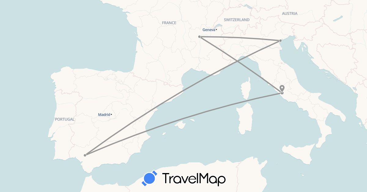 TravelMap itinerary: driving, plane in Spain, France, Italy (Europe)